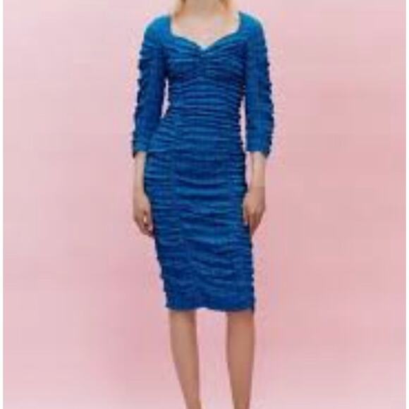 Zara Bright Blue Ruched  Bodycon Midi Dress  Bloggers Favorite Size L - Picture 5 of 12